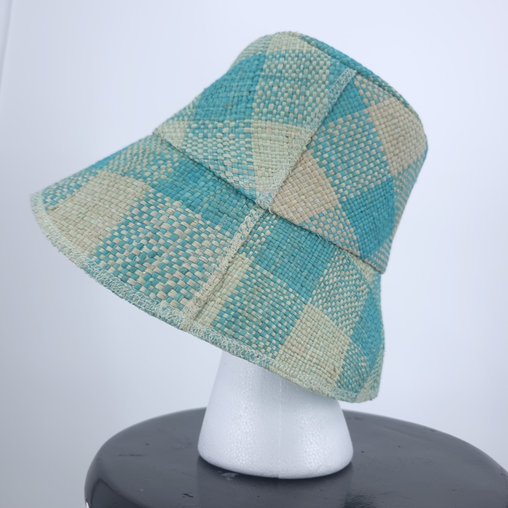 Artesano Turquoise Checkered Toquilla Straw Bucket Hat Handmade in Ecuador M